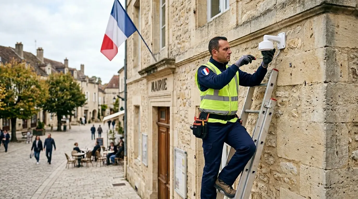 Technicien AISNE SÉCURITÉ installant une caméra sur une mairie de l'Aisne