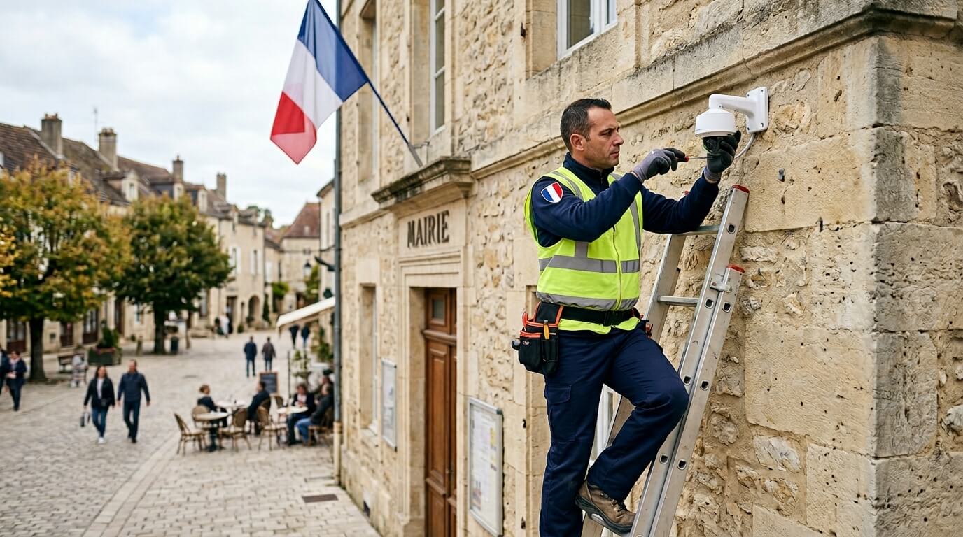 Technicien AISNE SÉCURITÉ installant une caméra sur une mairie de l'Aisne
